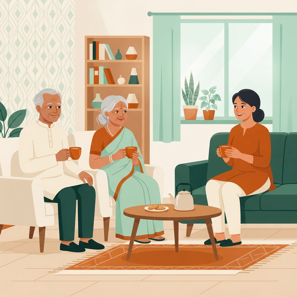 Elderly couple sharing chai with a companion caregiver at home