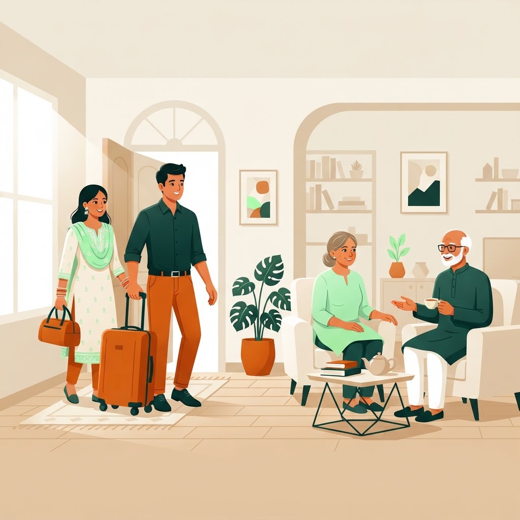 Couple leaving for travel while a caregiver keeps an elderly man company at home